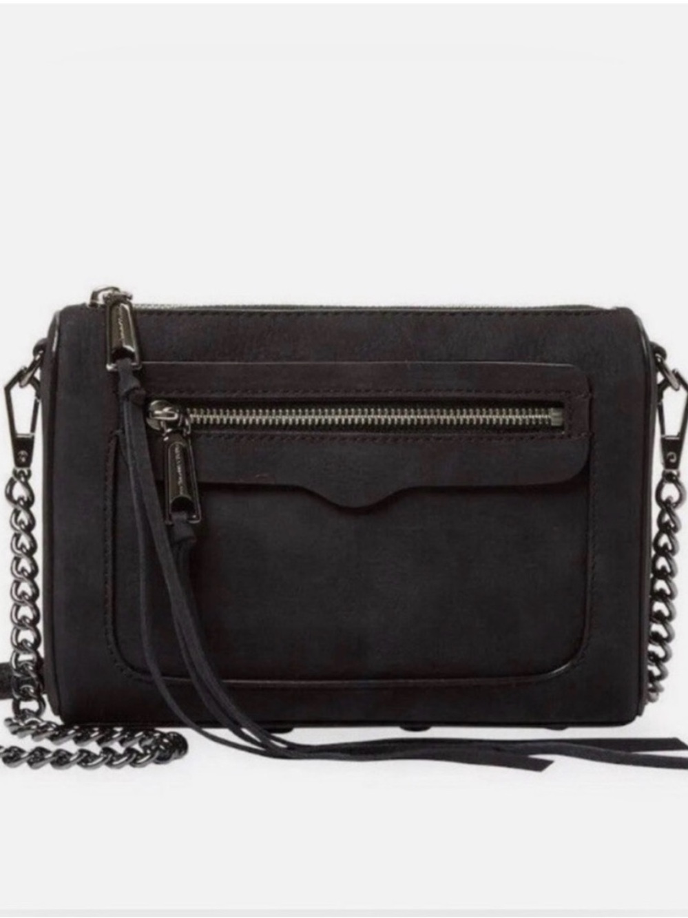 Rebecca Minkoff ‘Avery’ Black Suede Chain-Trim Crossbody Bag